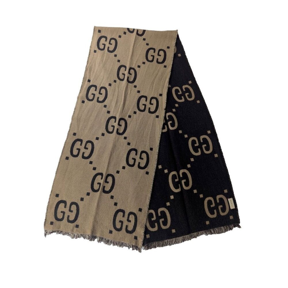 Gucci Jacquard GG Monogram Pattern Wool Silk Scarf Brown/Beige Made in Italy.